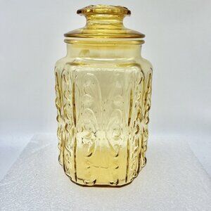 L. E. Smith Harvest Gold Amber Glass Imperial Scroll Jar Canister Vintage 9”